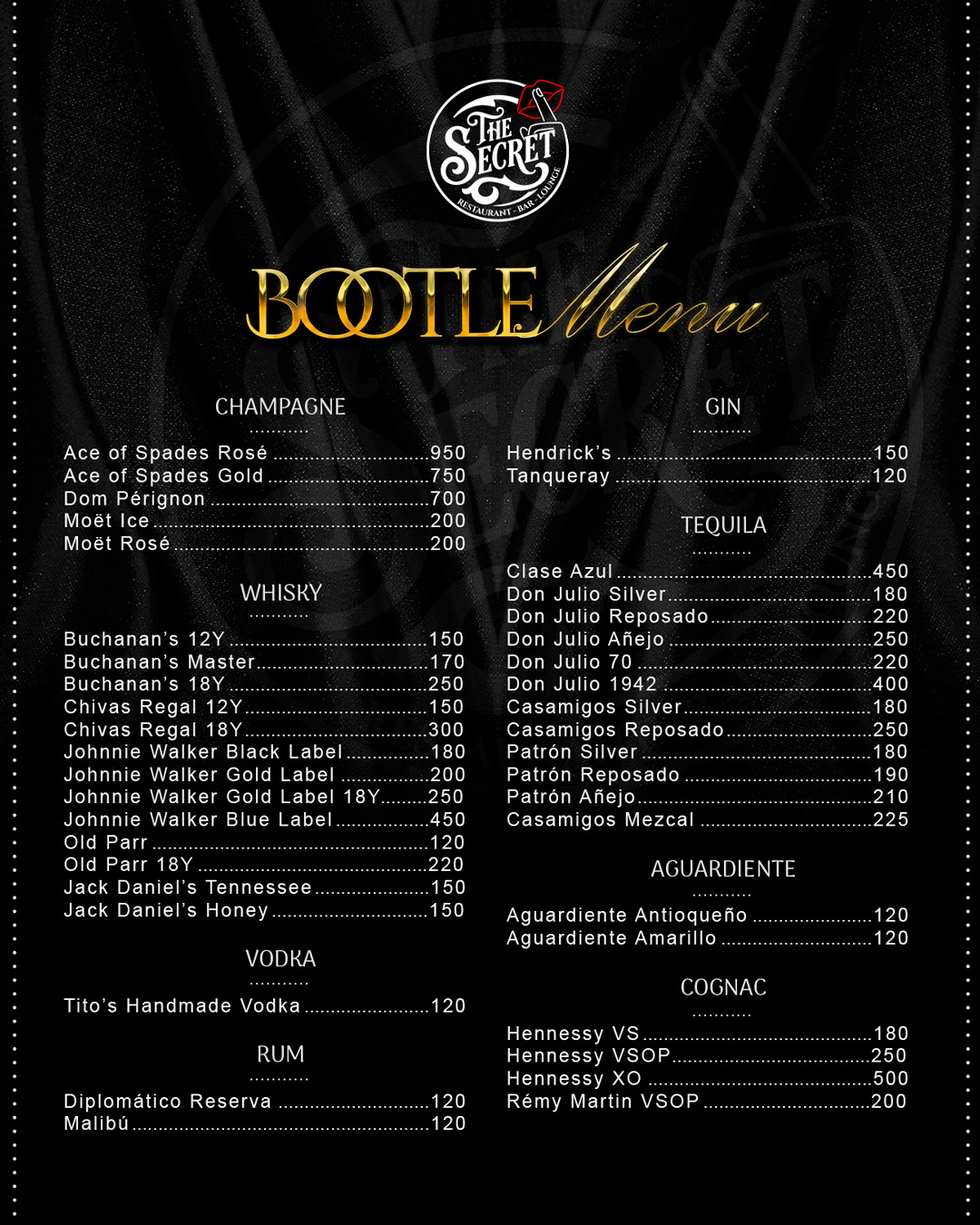 The Secret bottle menu